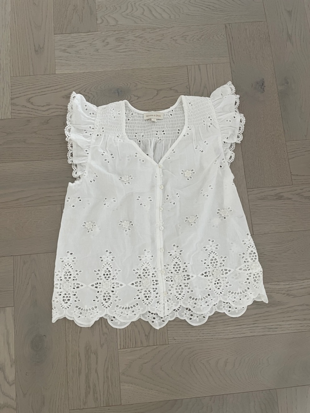 White Eyelet Flutter-Sleeve Blouse with Button Front